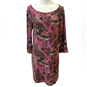 Trina Turk Abstract Pattern 3/4 Sleeves Viscose Blend Jersey Dress Sz Large